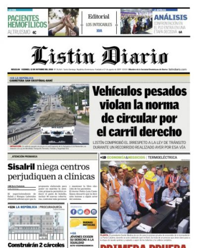 Portada Periódico Listín Diario, Viernes 12 de Octubre 2018