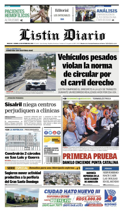 Portada Periódico Listín Diario, Viernes 12 de Octubre 2018