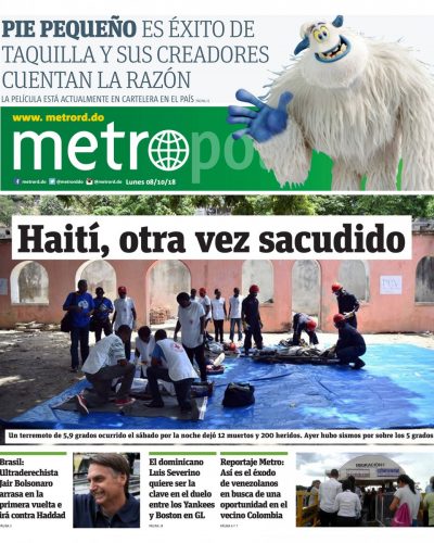 Portada Periódico Metro, Lunes 08 de Octubre 2018
