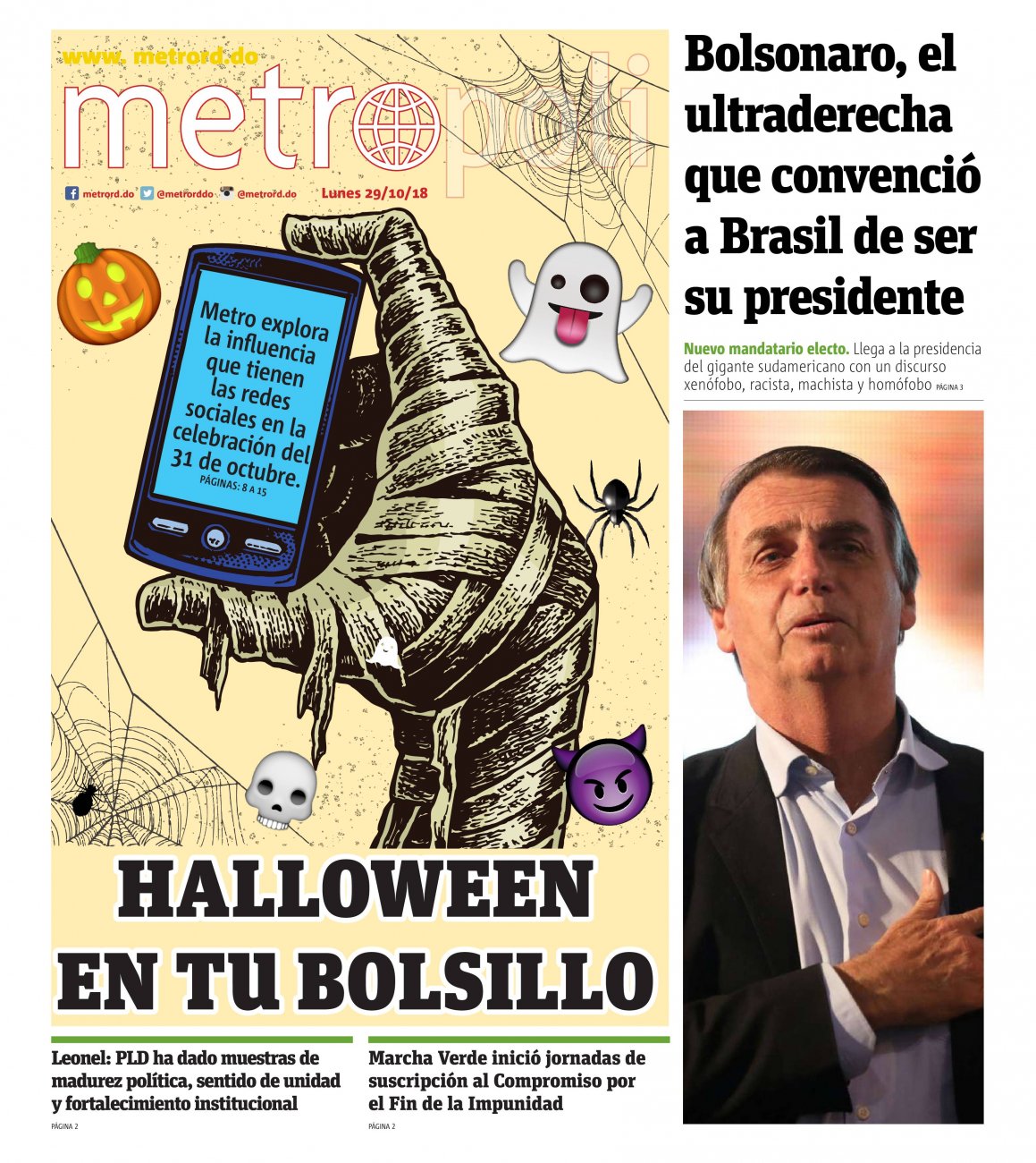 Portada Periódico Metro, Lunes 29 de Octubre 2018