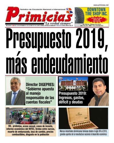 Portada Periódico Primicias, Lunes 01 de Octubre 2018