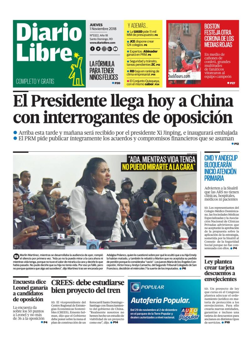 Portada Periódico Diario Libre, Jueves 01 de Noviembre 2018