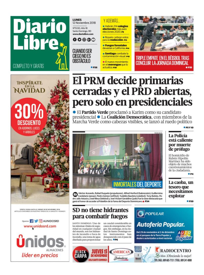 Portada Periódico Diario Libre, Lunes 12 de Noviembre 2018