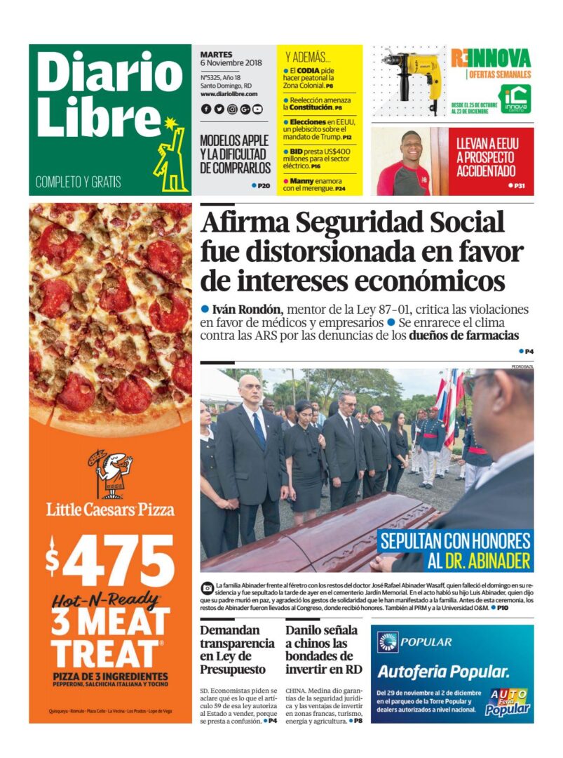 Portada Periódico Diario Libre, Martes 06 de Noviembre 2018
