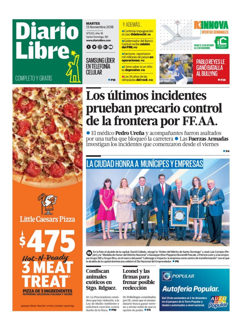 Portada Periódico Diario Libre, Martes 13 de Noviembre 2018