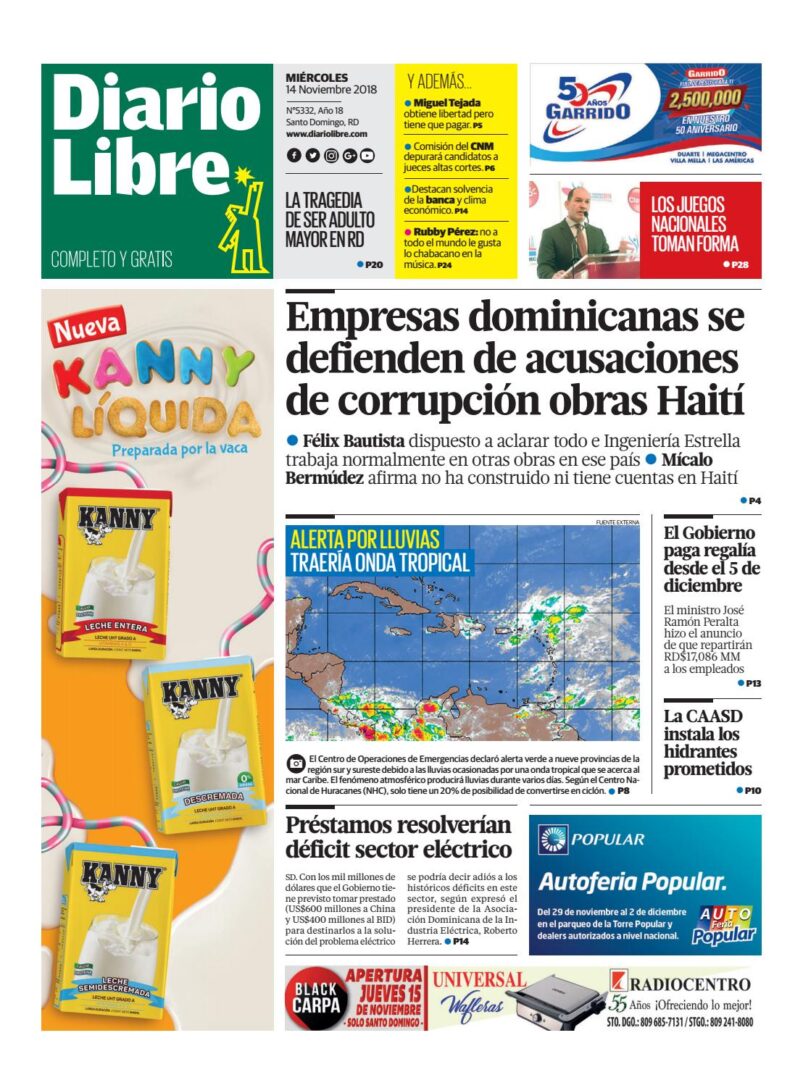 Portada Periódico Diario Libre, Miércoles 14 de Noviembre 2018