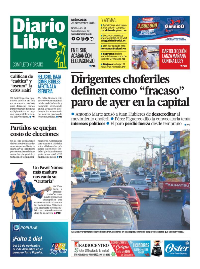Portada Periódico Diario Libre, Miércoles 28 de Noviembre 2018
