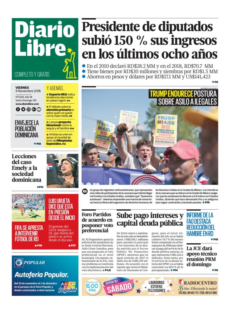 Portada Periódico Diario Libre, Viernes 09 de Noviembre 2018