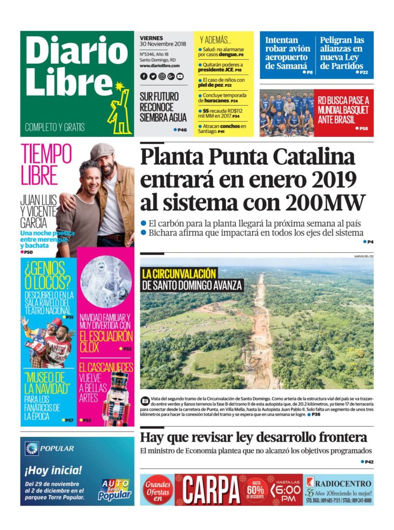 Portada Periódico Diario Libre, Viernes 30 de Noviembre 2018