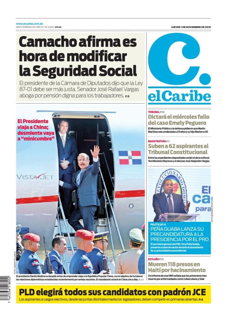 Portada Periódico El Caribe, Jueves 01 de Noviembre 2018