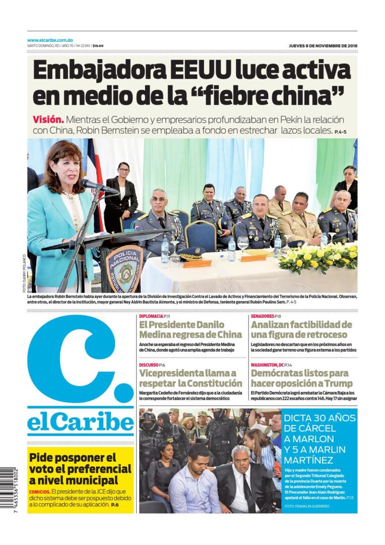 Portada Periódico El Caribe, Jueves 08 de Noviembre 2018