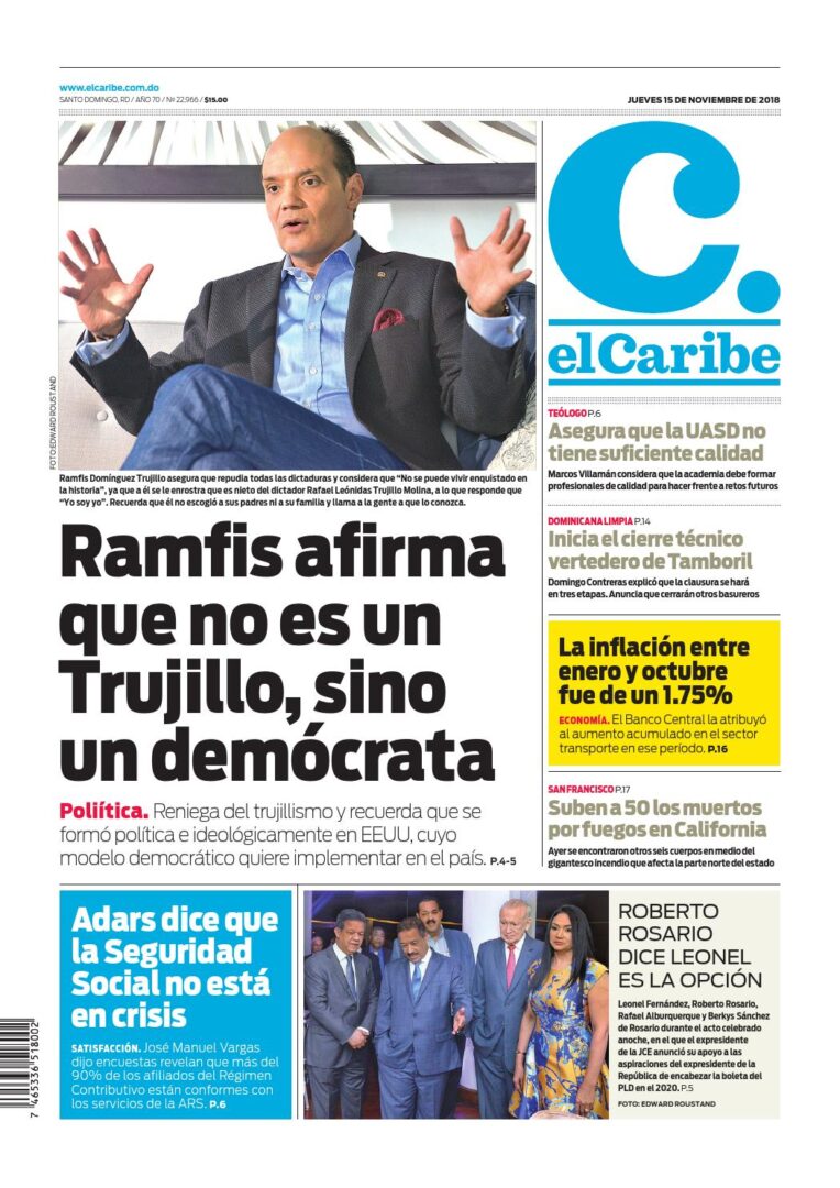 Portada Periódico El Caribe, Jueves 15 de Noviembre 2018
