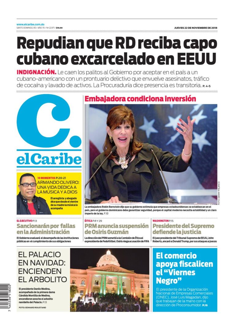 Portada Periódico El Caribe, Jueves 22 de Noviembre 2018