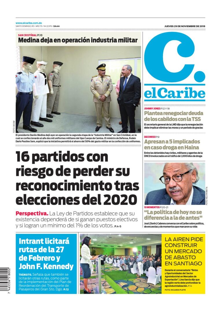 Portada Periódico El Caribe, Jueves 29 de Noviembre 2018