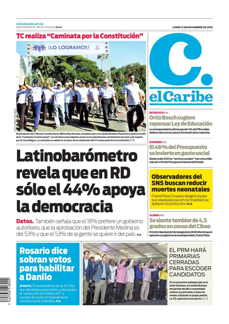 Portada Periódico El Caribe, Lunes 12 de Noviembre 2018