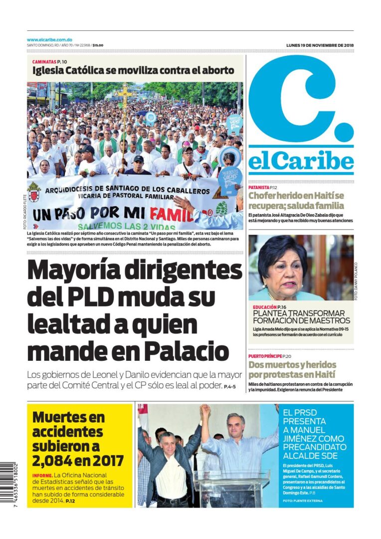 Portada Periódico El Caribe, Lunes 19 de Noviembre 2018