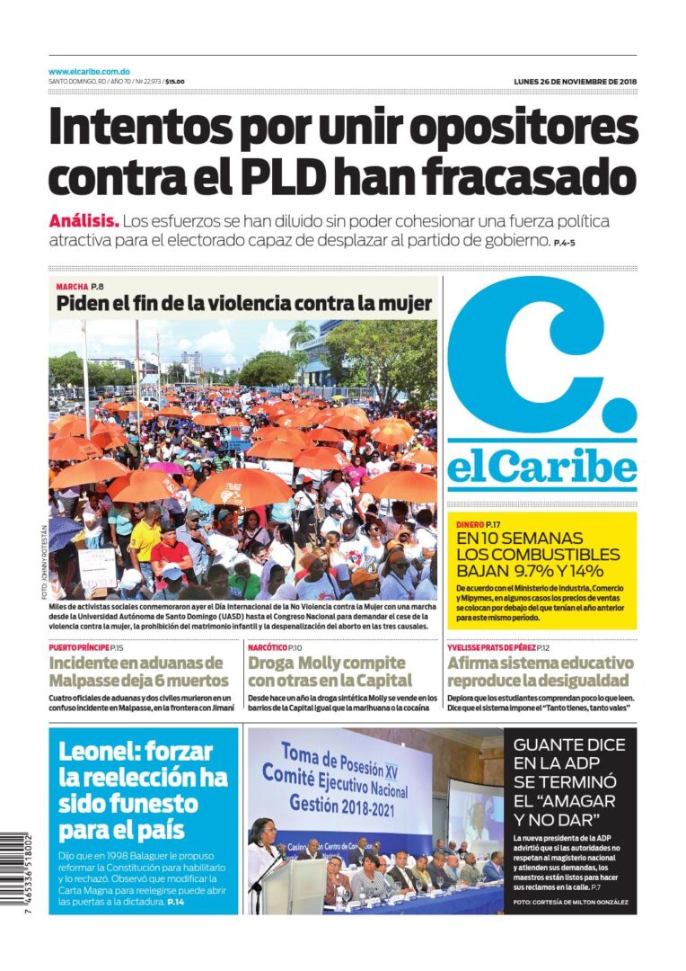 Portada Periódico El Caribe, Lunes 26 de Noviembre 2018