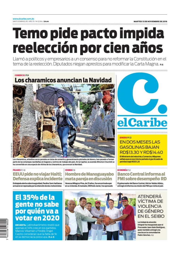 Portada Periódico El Caribe, Martes 13 de Noviembre 2018