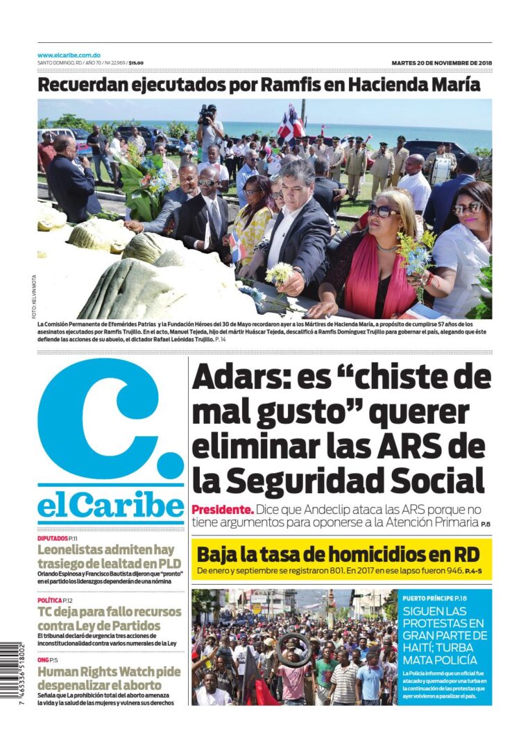 Portada Periódico El Caribe, Martes 20 de Noviembre 2018
