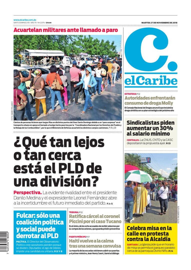 Portada Periódico El Caribe, Martes 27 de Noviembre 2018