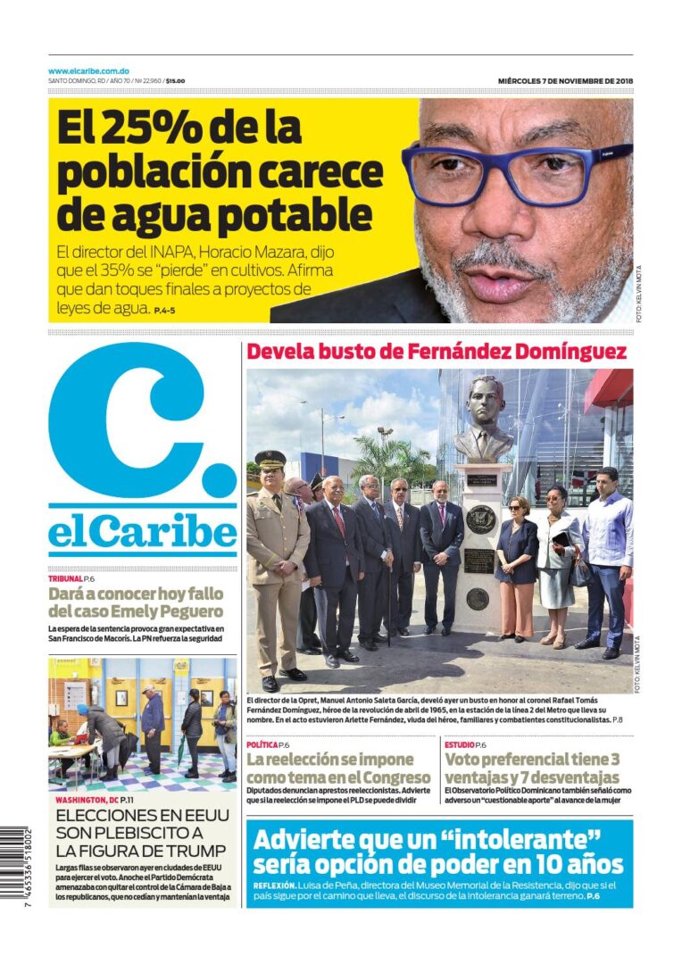 Portada Periódico El Caribe, Miércoles 07 de Noviembre 2018