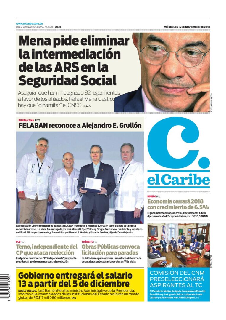 Portada Periódico El Caribe, Miércoles 14 de Noviembre 2018