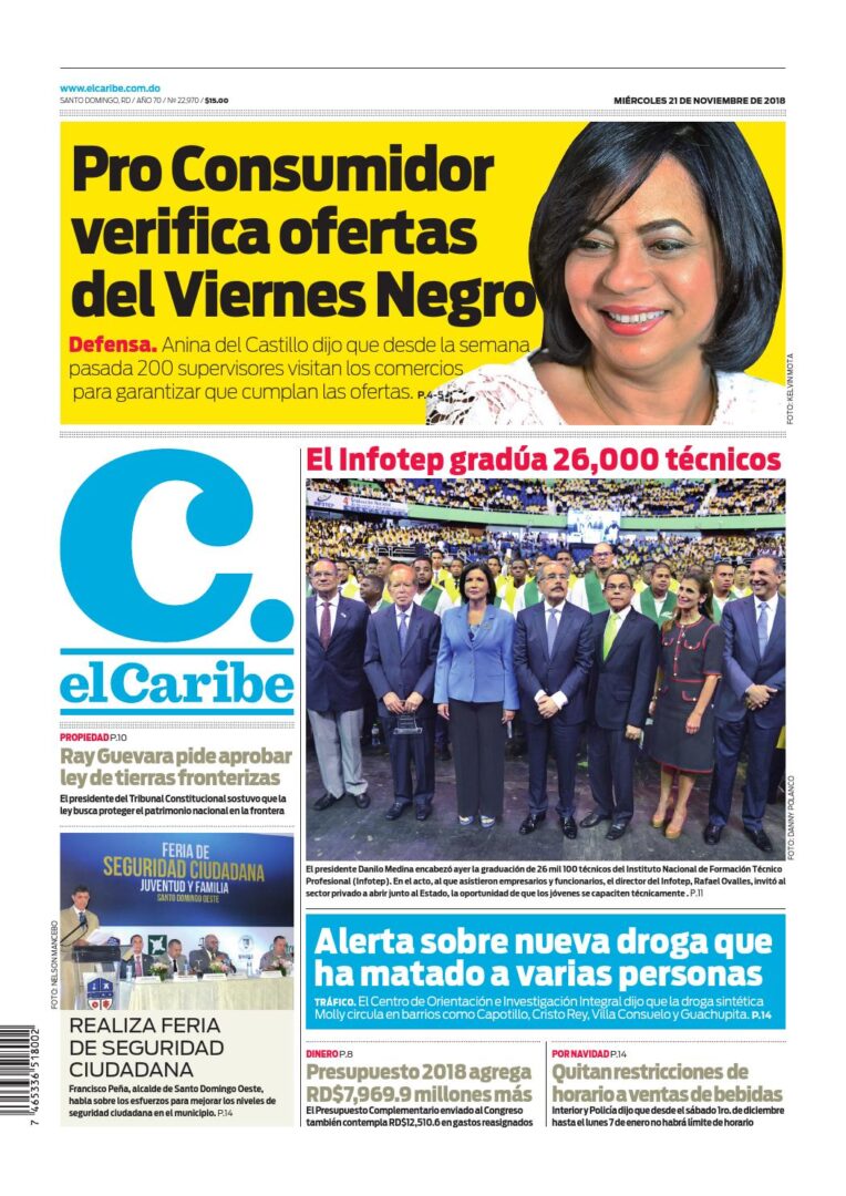 Portada Periódico El Caribe, Miércoles 21 de Noviembre 2018