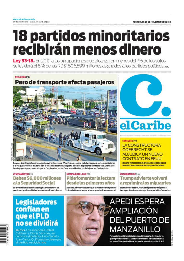 Portada Periódico El Caribe, Miércoles 28 de Noviembre 2018