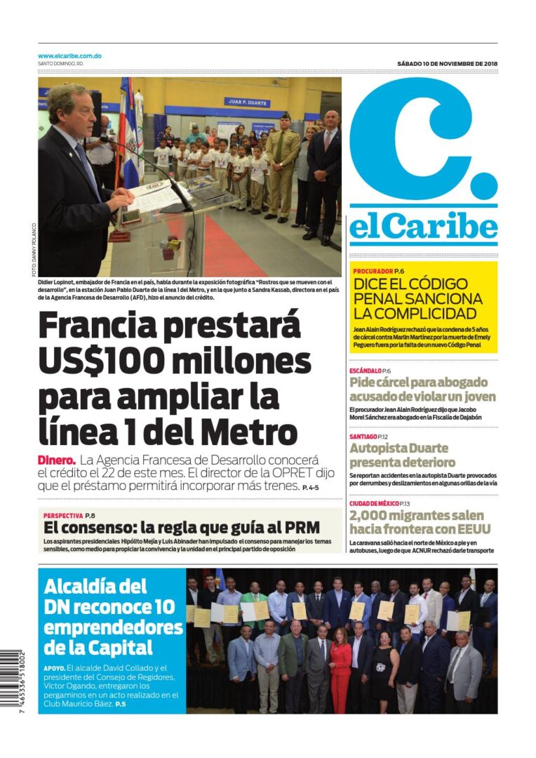 Portada Periódico El Caribe, Sábado 10 de Noviembre 2018