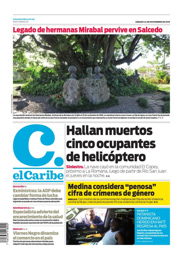 Portada Periódico El Caribe, Sábado 24 de Noviembre 2018