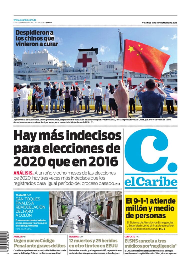 Portada Periódico El Caribe, Viernes 09 de Noviembre 2018