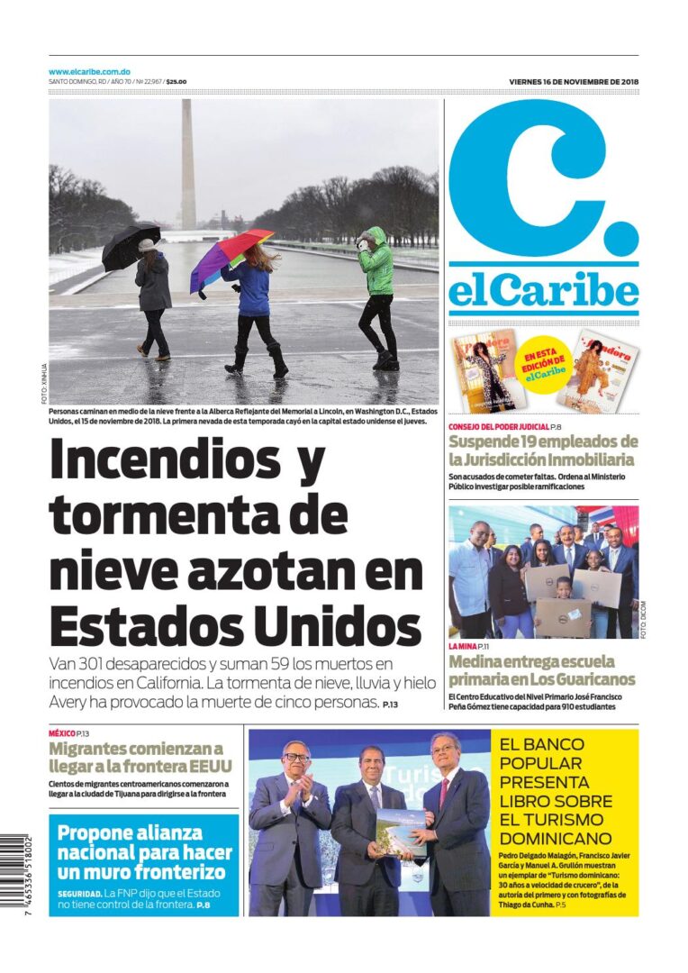 Portada Periódico El Caribe, Viernes 16 de Noviembre 2018