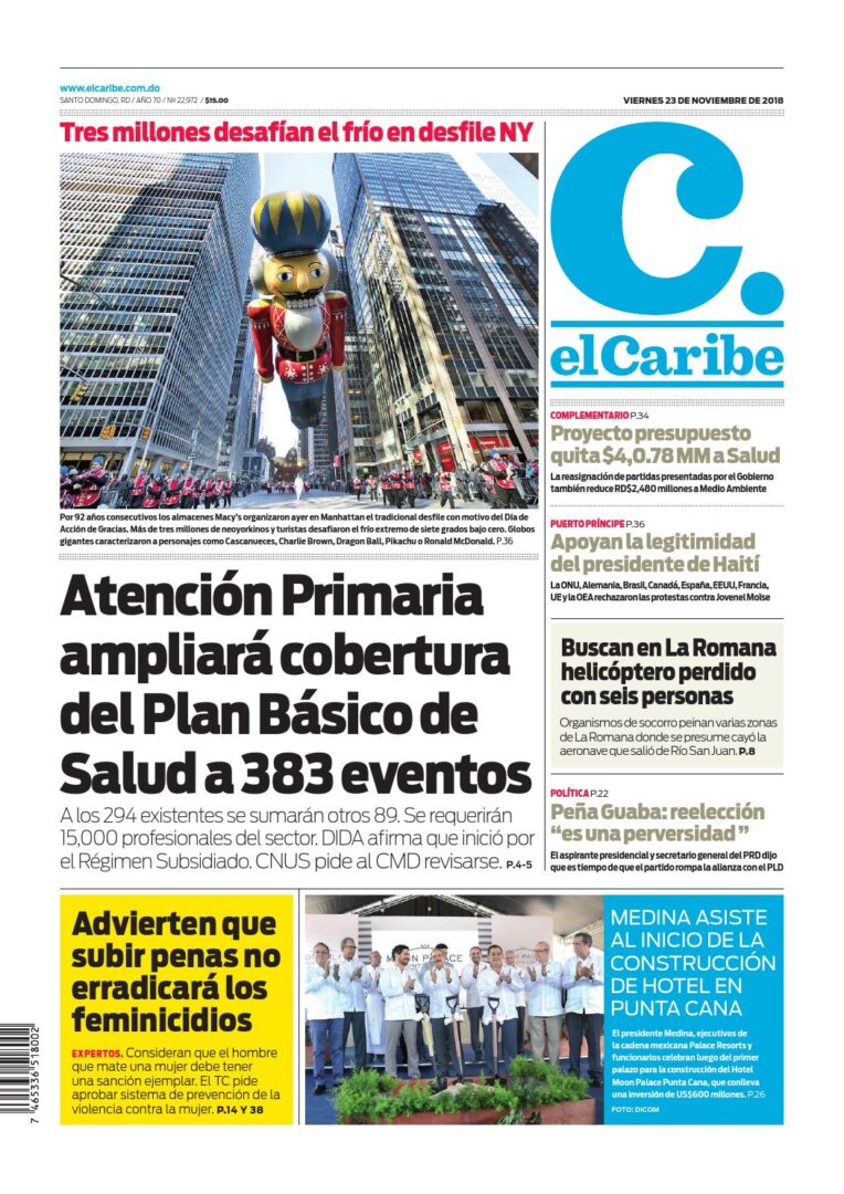 Portada Periódico El Caribe, Viernes 23 de Noviembre 2018