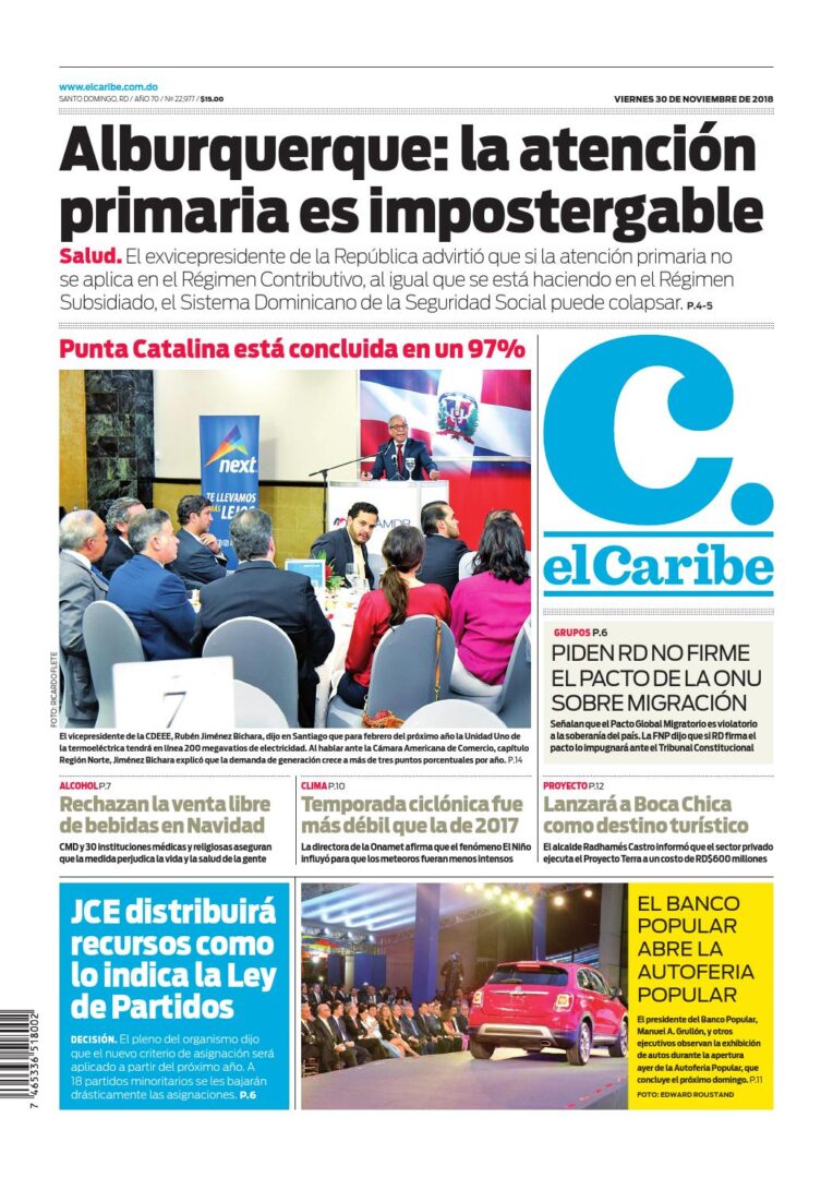 Portada Periódico El Caribe, Viernes 30 de Noviembre 2018
