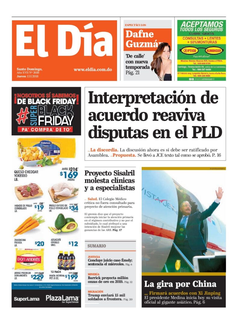 Portada Periódico El Día, Jueves 01 de Noviembre 2018