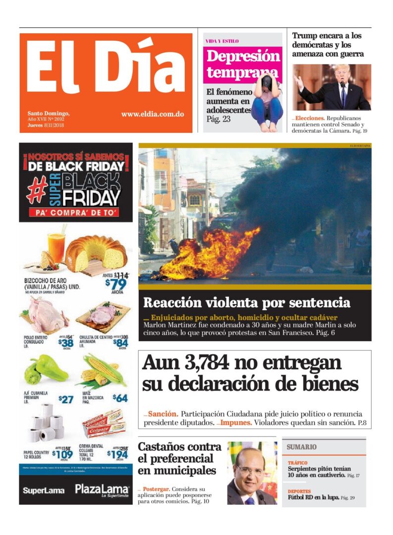Portada Periódico El Día, Jueves 08 de Noviembre 2018