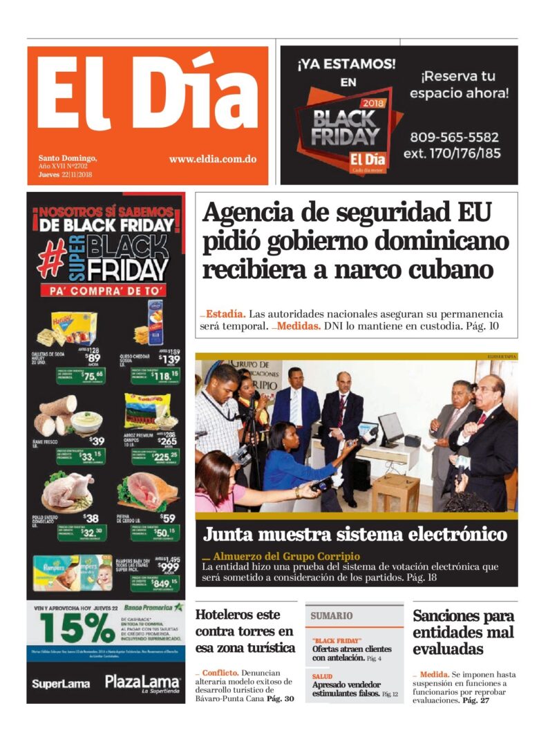 Portada Periódico El Día, Jueves 22 de Noviembre 2018