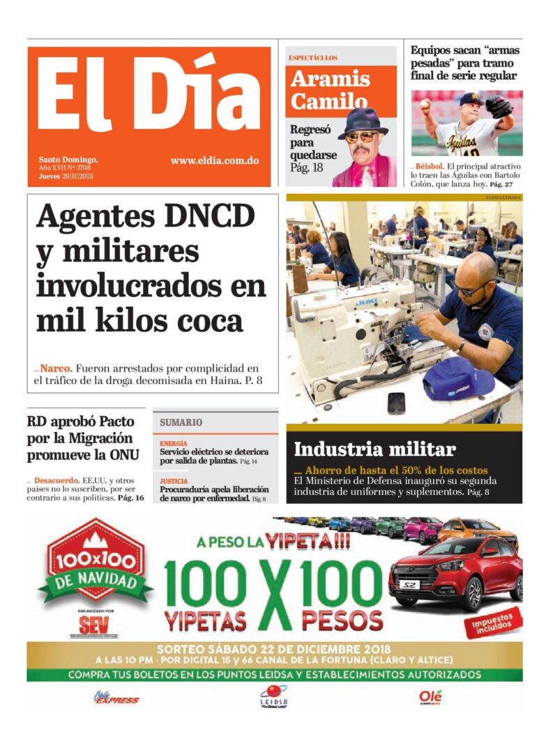 Portada Periódico El Día, Jueves 29 de Noviembre 2018