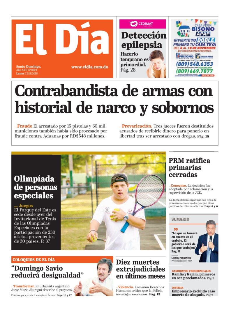 Portada Periódico El Día, Lunes 12 de Noviembre 2018