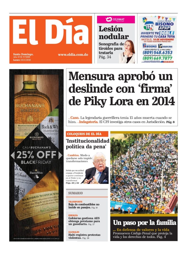 Portada Periódico El Día, Lunes 19 de Noviembre 2018