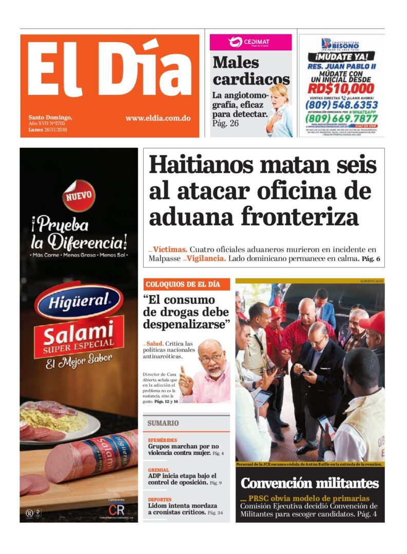 Portada Periódico El Día, Lunes 26 de Noviembre 2018