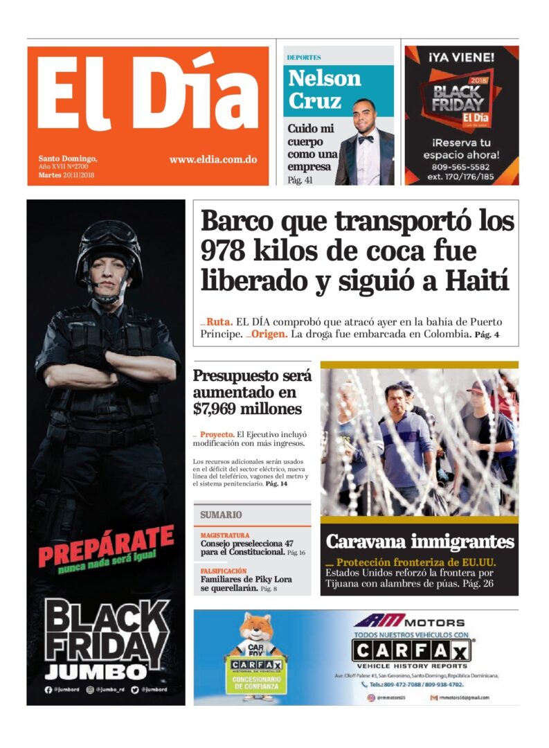 Portada Periódico El Día, Martes 20 de Noviembre 2018