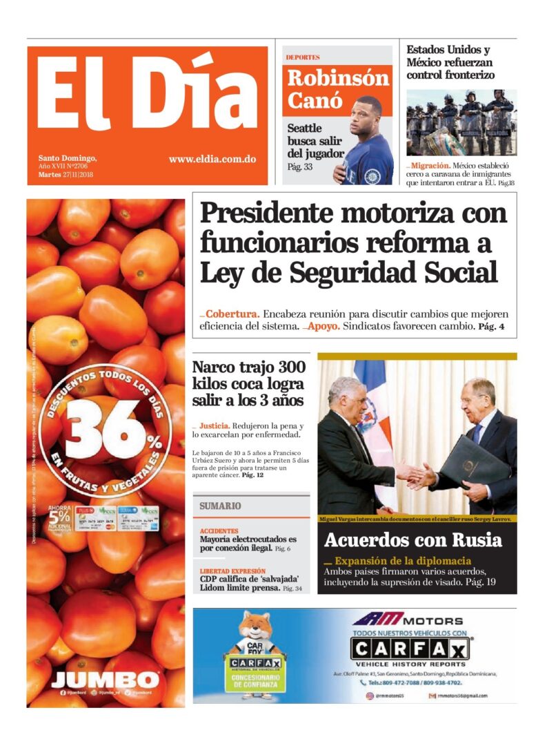 Portada Periódico El Día, Martes 27 de Noviembre 2018