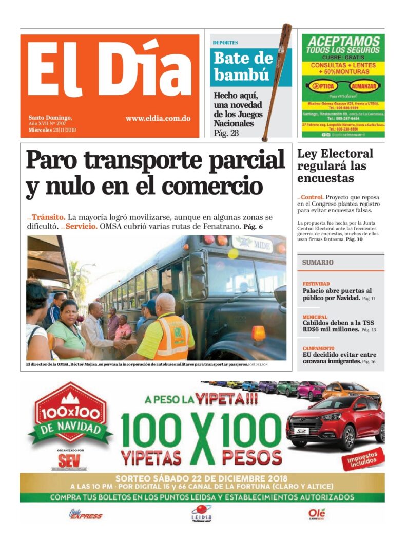 Portada Periódico El Día, Miércoles 28 de Noviembre 2018