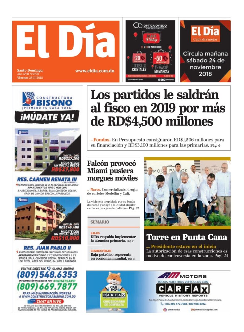 Portada Periódico El Día, Viernes 23 de Noviembre 2018