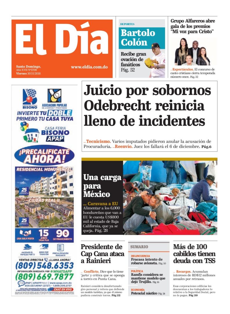 Portada Periódico El Día, Viernes 30 de Noviembre 2018