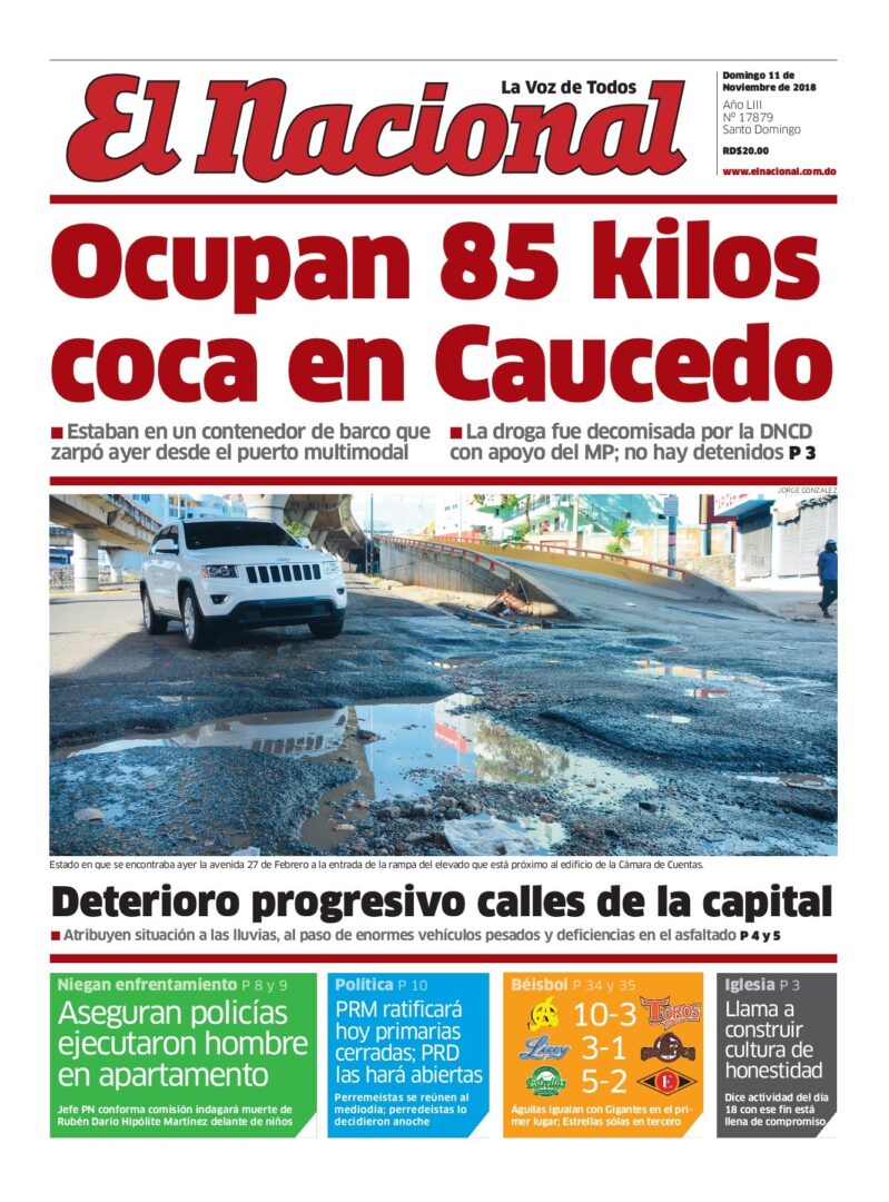 Portada Periódico El Nacional, Domingo 11 de Noviembre 2018