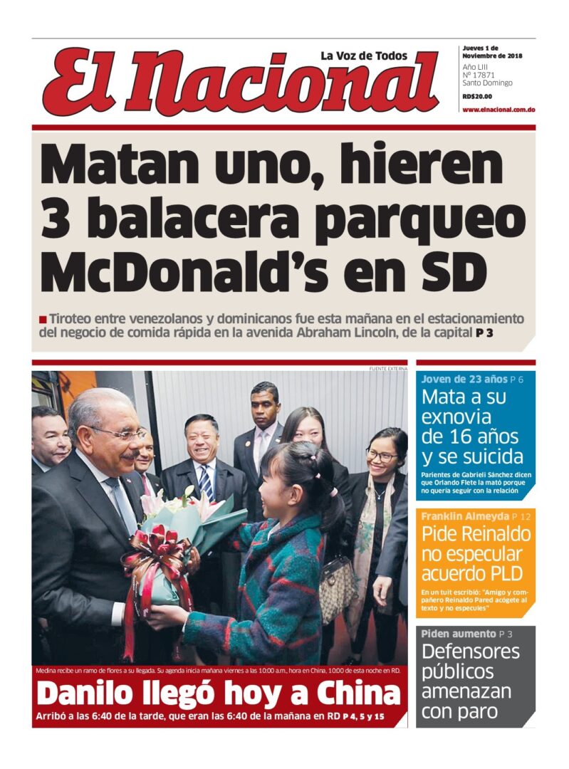 Portada Periódico El Nacional, Jueves 01 de Noviembre 2018