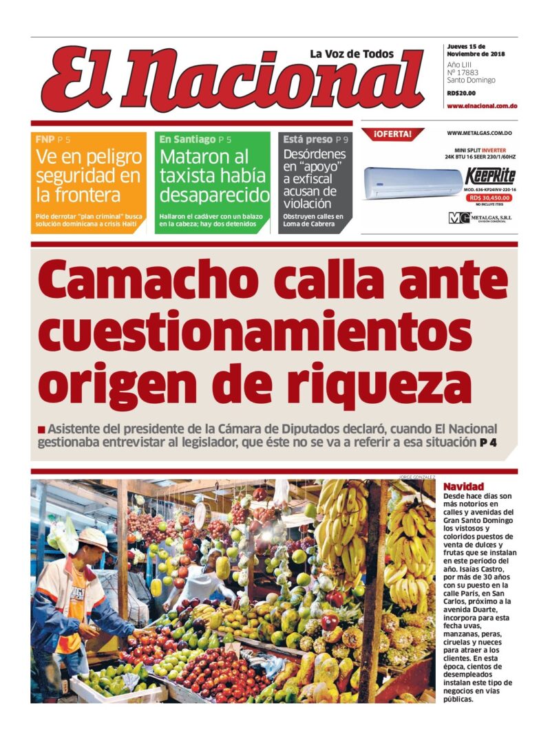 Portada Periódico El Nacional, Jueves 15 de Noviembre 2018
