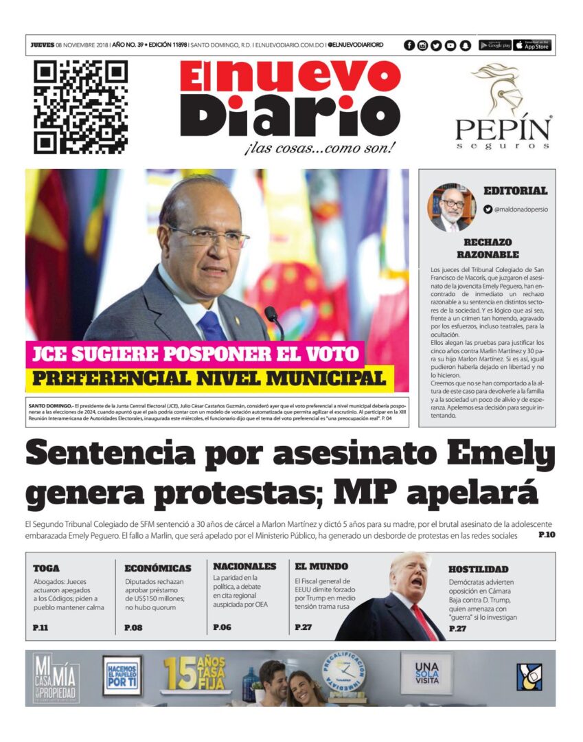 Portada Periódico El Nuevo Diario, Jueves 08 de Noviembre 2018
